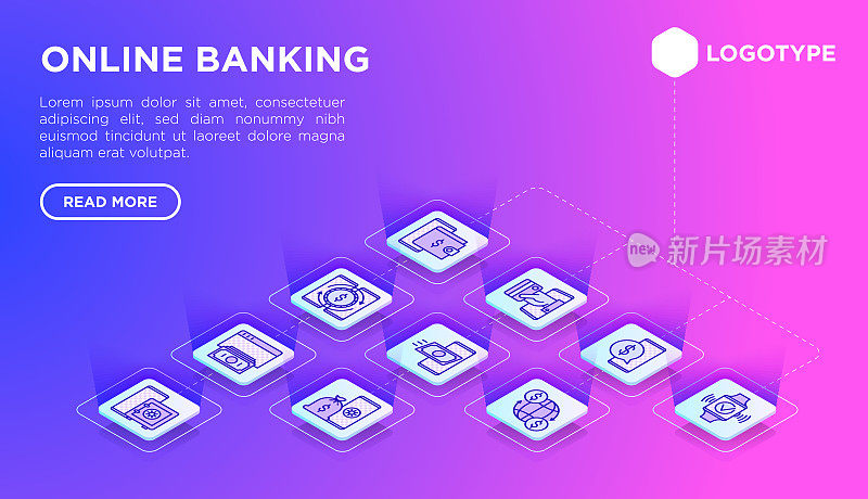 Online banking web page template with thin line isometric icons: deposit app, money safety, internet bank, contactless payment, online transaction, check balance, mobile support. Vector illustration.